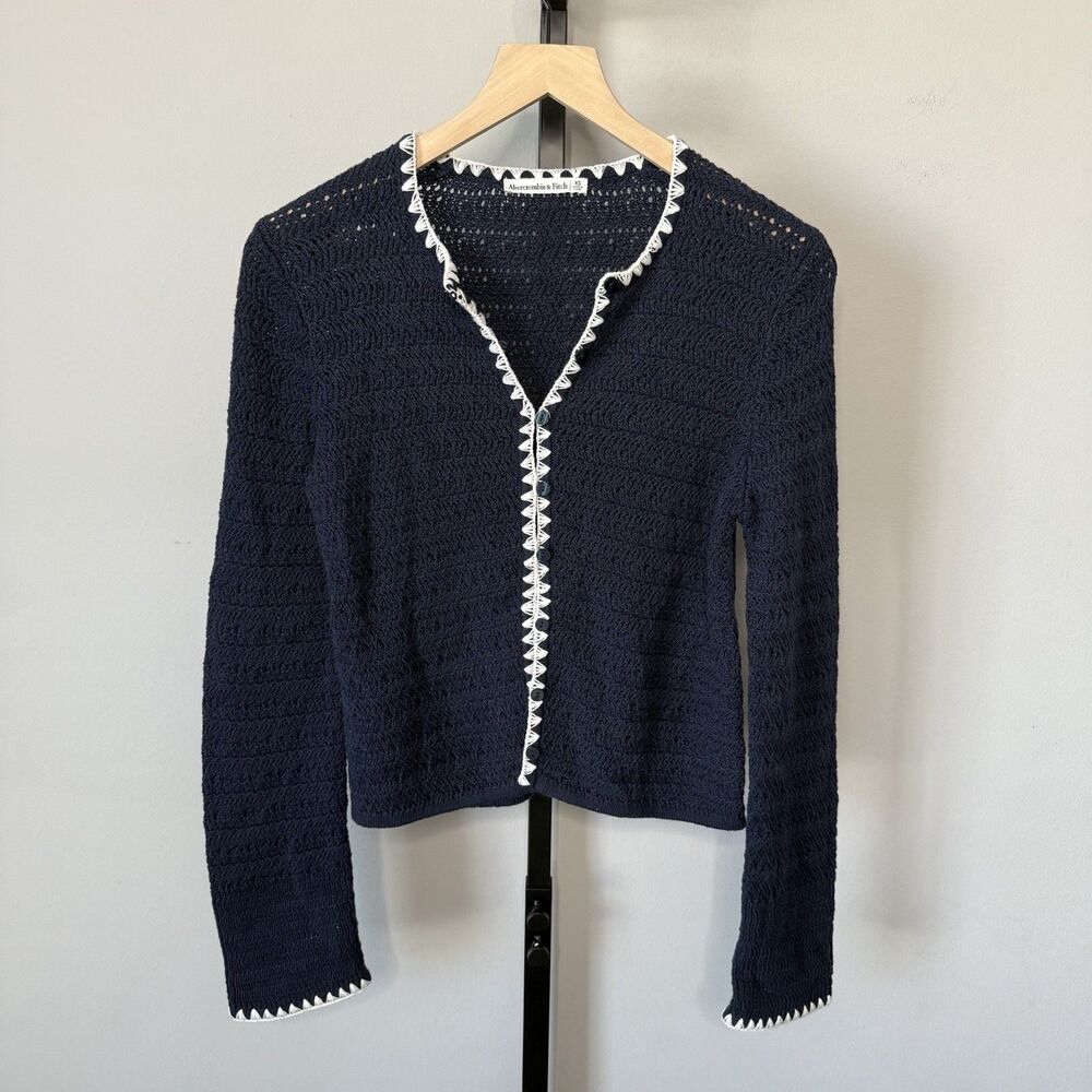 Abercrombie & Fitch Crochet Style Navy Crew Cardigan Size XS - Picture 2 of 6